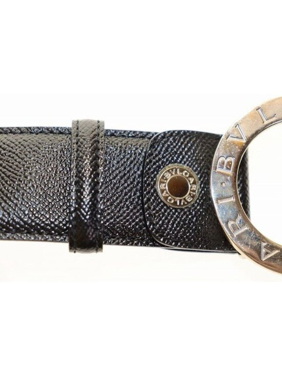 Bvlgari Leather Round Logo Buckle Silver Belt Black